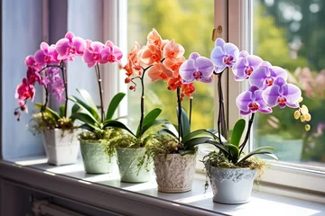 Poster Beautiful colorful orchid flower in pots on windowsill © Alina