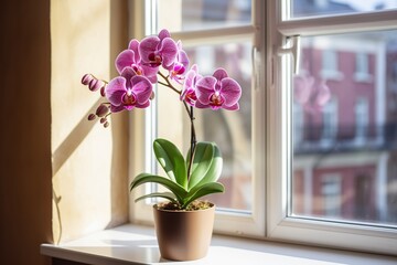 Beautiful purple orchid flower in pot on windowsill