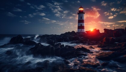 Fototapeta premium A Majestic Lighthouse Illuminating a Rocky Shore
