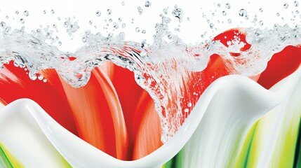 Create a captivating image of strawberries suspended in a mesmerizing cascade of splashing milk, evoking a sense of lightness and fluidity.