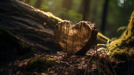 Fototapeta premium Close up of a dark gold wooden Heart in a calm Forest. Blurred natural Background