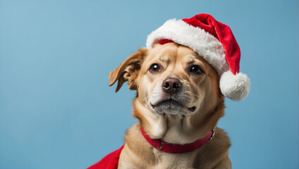 dog wearing Santa hat on light blue background. backdrop with copy space - obrazy, fototapety, plakaty