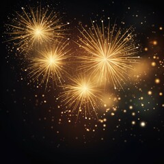 Gold fireworks and bokeh on dark in New Year eve and copy space. Abstract background holiday, celebrate