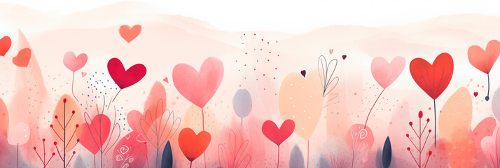 Valentines day watercolor abstract hearts background banner, delightful boho illustration, artistic doodle. Panoramic web header with copy space. Wide screen wallpaper - obrazy, fototapety, plakaty