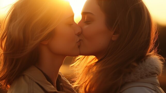 Two women share a serene kiss in the soft light of the setting sun, encapsulating a moment of love and connection.