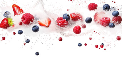 Fresh ripe berries - strawberry, blueberry, raspberry - with splashes of water