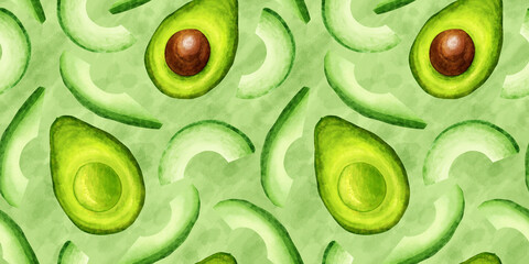 Avocado half seamless pattern. Avocado tropical fresh fruit hand draw watercolor illustration. For textile, paper, wallpaper, design.