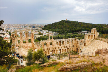 Greece Athens Acropolis Odeon of Herodes on a cloudy summer day
