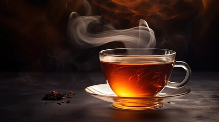 A glass of freshly brewed black tea, escaping steam, warm soft light, darker background