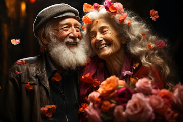 A joyful senior couple laughing in a flowers background, elderly happy people, old age. Joyful nice elderly couple smiling while being in a great mood.