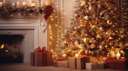 Beautiful living room Christmas interior with a fireplace, decorated New Year tree, candles and gift boxes. AI Generated