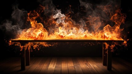 Wooden table with fire, sparks and smoke in the air. Dark background to display products. Banner, poster, cover