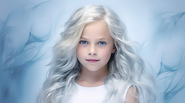 A girl with white hair on a blue background.
