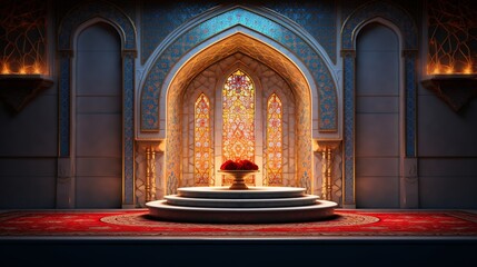 A luxurious mosaic Eid ul Fitr podium, with elaborate tile work in vibrant colors, and a clear space for placing text or symbols. - obrazy, fototapety, plakaty