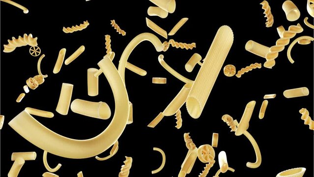 falling pasta. Slowmotion video. Alpha channel. No background. Realistic Loop 3D animation