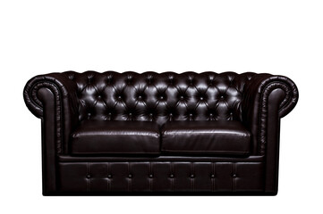 Vintage old dark brown leather sofa, isolated
