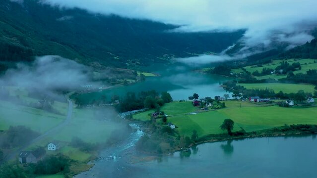Aerial view from Olden in Norway. This drone footage was taken in a valley close to a village called Olden in Stryn municipality, Norway. The water is called Oldevatnet.