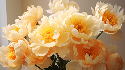Bouquet of stylish peonies close-up. Yellow peony flowers. Close-up of flower petals. Floral greeting card or wallpaper. Delicate abstract floral pastel background. Greeting card. Generated AI