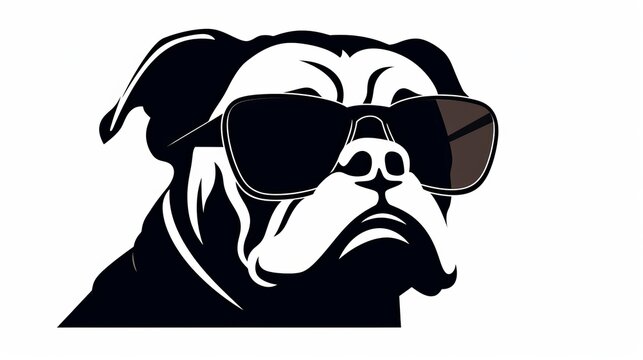 black and white icon silhouette of a bulldog with sunglasses, copy space, 16:9