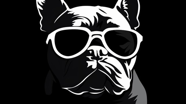 black and white icon silhouette of a bulldog with sunglasses, copy space, 16:9
