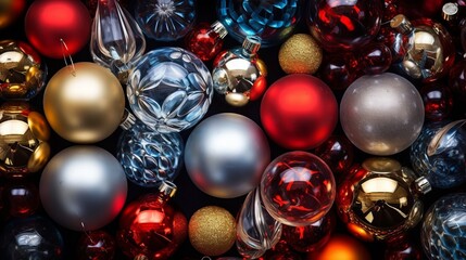 Christmas decorations, top view of glass balls colored in blue, red, golden, silver, dark background, 16:9