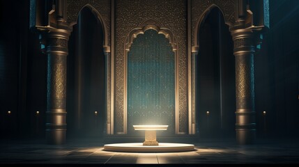 A luxurious mosaic podium, adorned with intricate Islamic art, providing a broad copyspace at the...