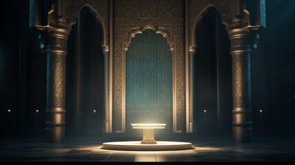 A luxurious mosaic podium, adorned with intricate Islamic art, providing a broad copyspace at the front for Eid speeches.