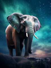 A Photo of an Elephant at Night Under the Aurora Borealis