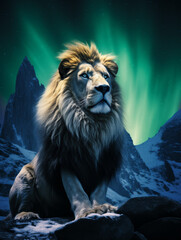 Obraz premium A Photo of a Lion at Night Under the Aurora Borealis
