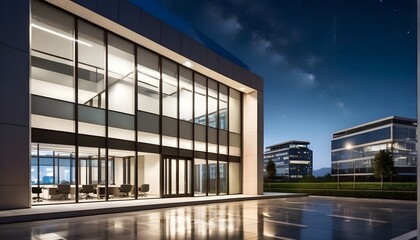 Fototapeta premium Moderne Hochhäuser - beleuchtet Fassade am Abend