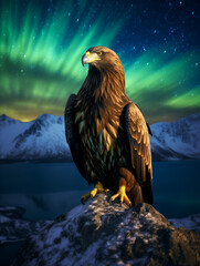 Fototapeta premium A Photo of an Eagle at Night Under the Aurora Borealis