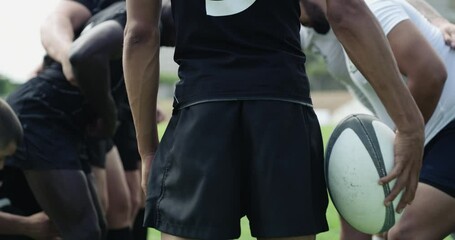 Rugby, sport and team in scrum on pitch, together and game with player defence in stadium. Men, athletes and strong by outdoor for competition training and teamwork for match commitment on field - Powered by Adobe