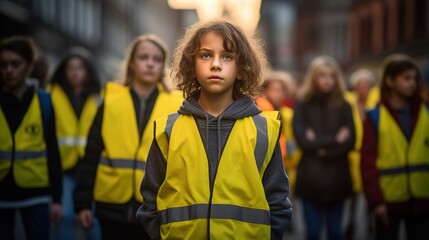 children and young people, teenager demonstrate and protest, wear a yellow safety vest, fictitious reason and place - obrazy, fototapety, plakaty