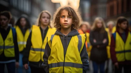 Fotobehang children and young people, teenager demonstrate and protest, wear a yellow safety vest, fictitious reason and place © DZMITRY