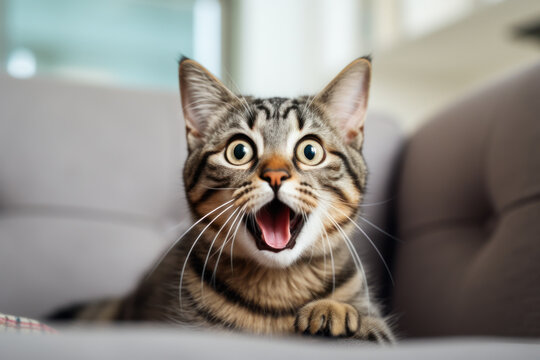 Cat with surprised eyes and opened mouth, humor meme.