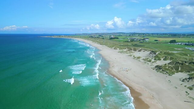 Drone view of Bore beach in Klepp, Norway. This is a very famous beach in Rogaland county. Surfers from all over Norway travel to this beach to do different sea sports. 