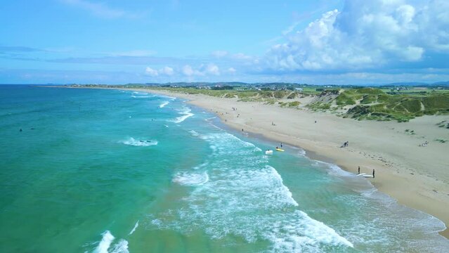 Drone view of Bore beach in Klepp, Norway. This is a very famous beach in Rogaland county. Surfers from all over Norway travel to this beach to do different sea sports. 