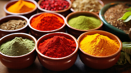 Obraz na płótnie Canvas various spices, exotic bazaar, Colorful spices, Variety spices bowl, Indian spices
