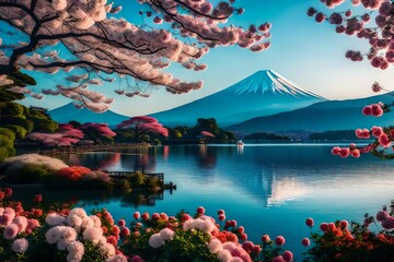 japanese garden with lake and flowers - obrazy, fototapety, plakaty
