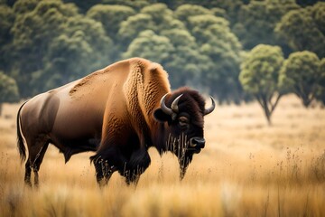 Bison grazing on grassland  - obrazy, fototapety, plakaty