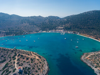 Aerial view of Panormitis Bay on Symi Island.