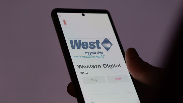 November 30st 2023 San Jose, California. The logo of Western Digital on the screen of an exchange. Western Digital price stocks, $WDC on a device.