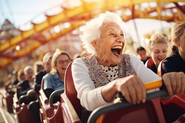 an elderly enjoying at the amusement park
