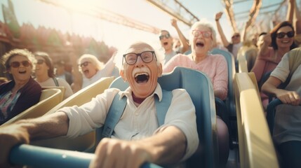 an elderly enjoying at the amusement park
 - obrazy, fototapety, plakaty