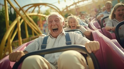 an elderly enjoying at the amusement park
