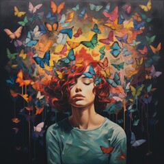 woman mind with butterflies around her head, positive thinking, creative mind, self care and mental health concept - obrazy, fototapety, plakaty