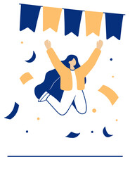 Fototapeta premium Celebration, woman jumping into the air, colorful flags, confetti. Flat vector illustration.