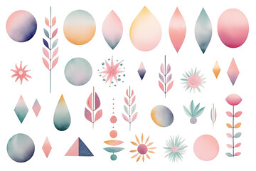 Watercolor Collection of Botanical Elements and Abstract Shapes, blue, pink, Peach fuzz, color of 2024 year, design templates, isolated on transparent background