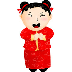 Baby girls in Chinese New Year festival red costumes draw paint illustration cute design