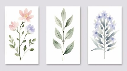 Set of four vertical banners with watercolor flowers and leaves. illustration Generative AI